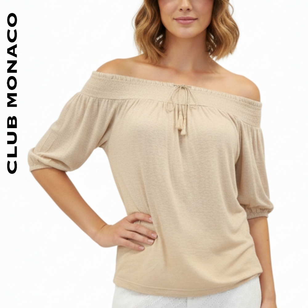 🟣 XS Club Monaco Off-the-Shoulder Blouse Women's Top - Beige/Light Tan